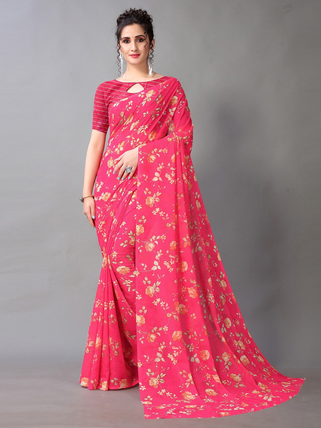 

Shaily Floral Printed Pure Georgette Saree, Pink