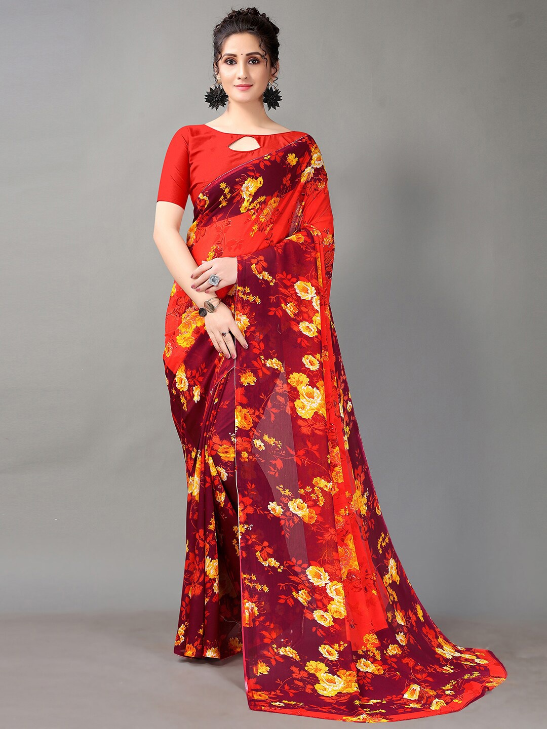 

Shaily Floral Printed Poly Georgette Saree, Red