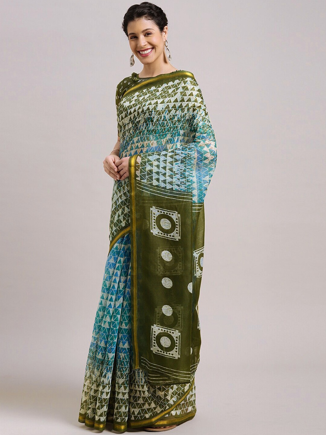 

Shaily Abstract Printed Zari Saree, Olive