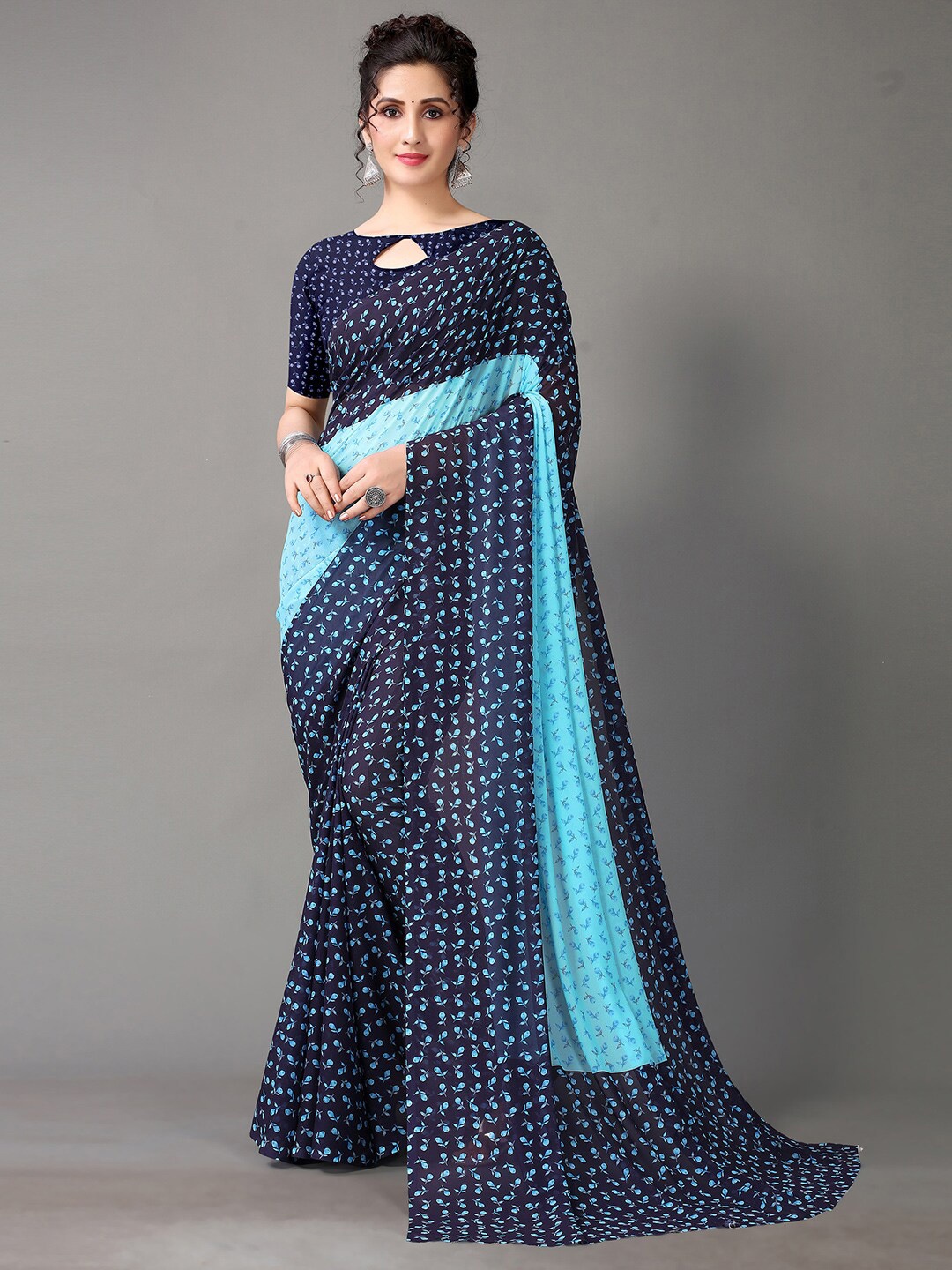 

Shaily Floral Printed Pure Georgette Saree, Navy blue