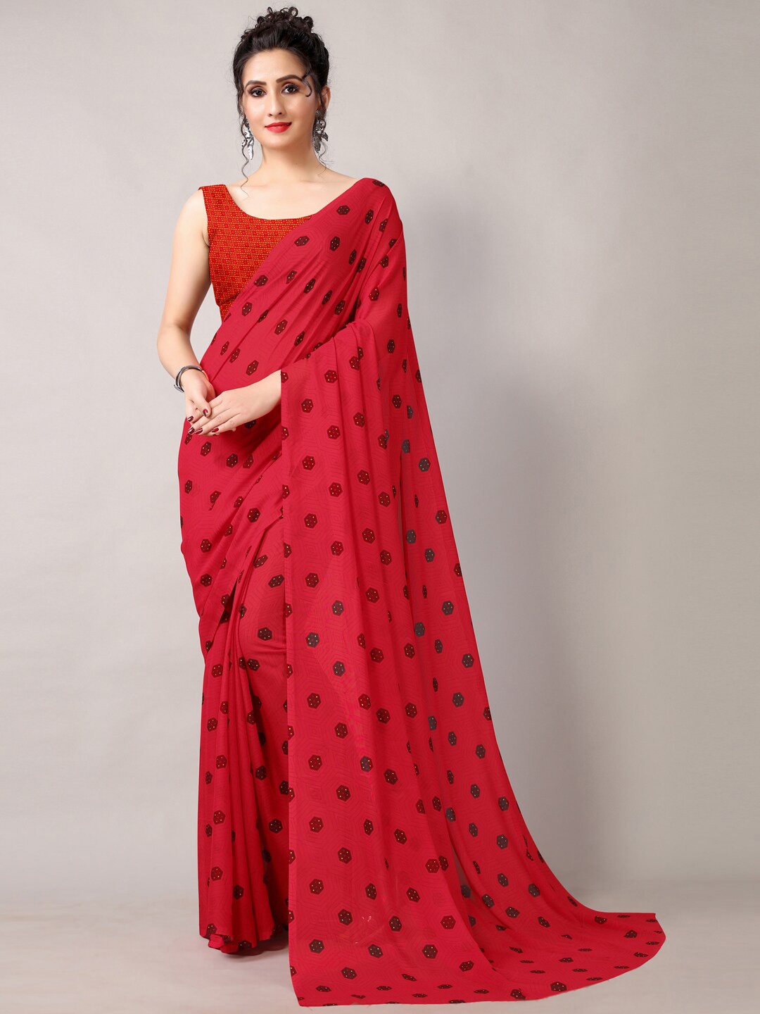 

Shaily Red & Brown Polka Dots Printed Poly Georgette Saree