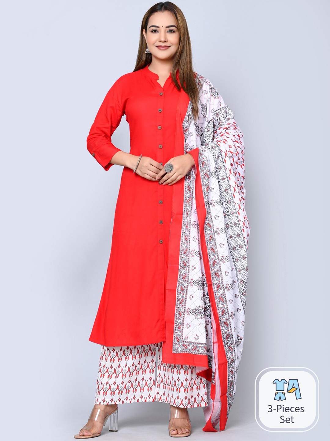 

MAUKA Mandarin Collar Kurta with Palazzos & Dupatta, Red