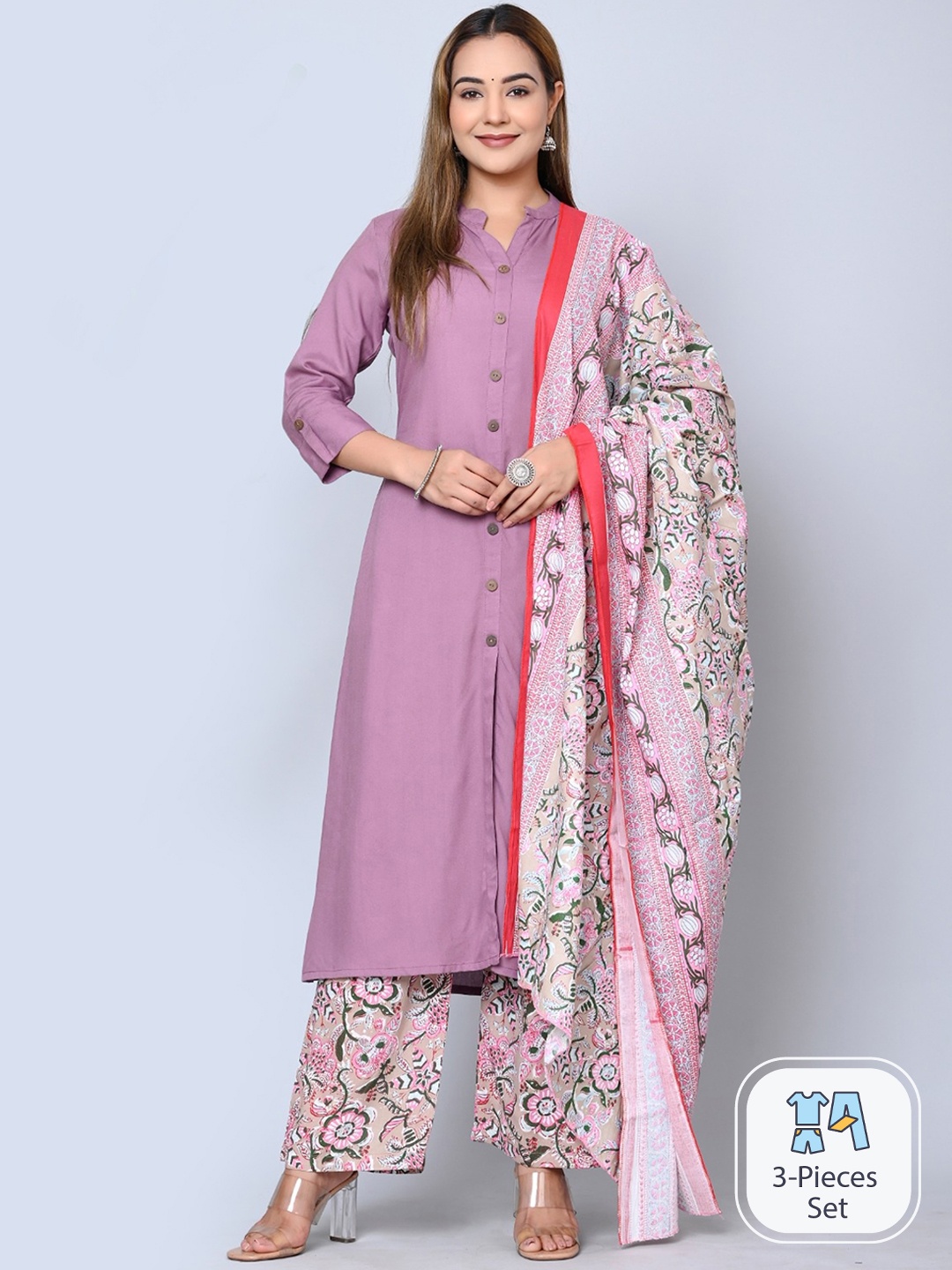 

MAUKA Mandarin Collar Kurta with Palazzos & Dupatta, Lavender
