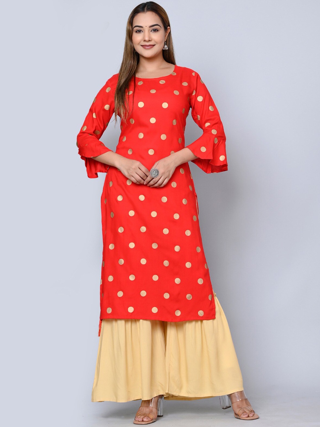 

MAUKA Geometric Printed Regular Kurta with Sharara, Red