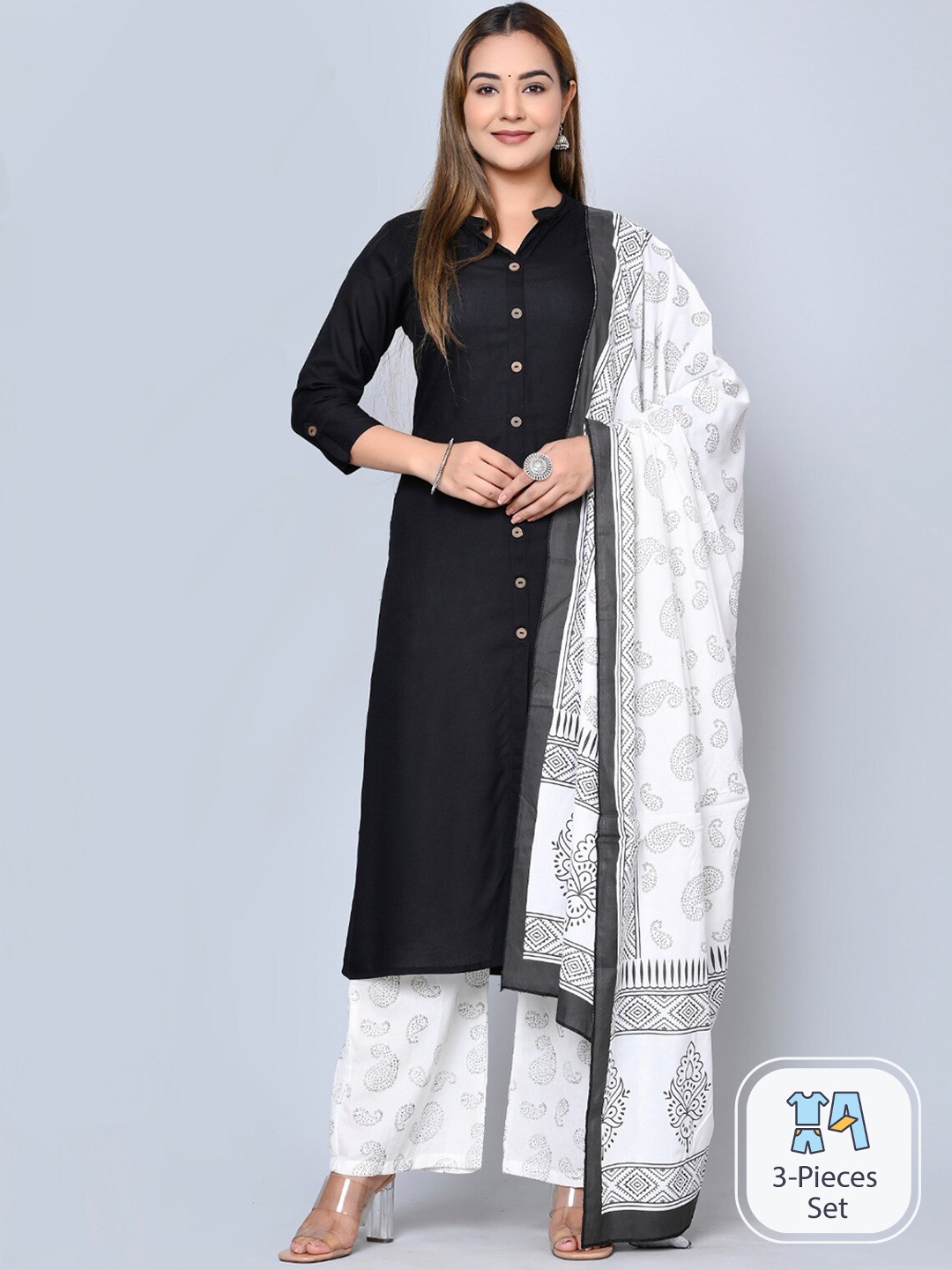 

MAUKA Mandarin Collar Kurta with Palazzos & Dupatta, Black