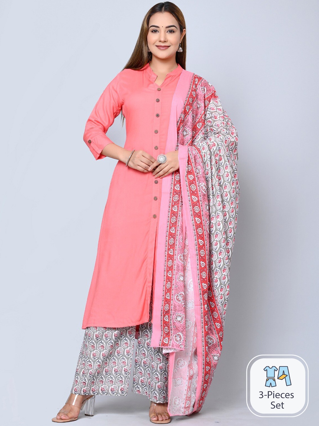 

MAUKA Mandarin Collar Kurta with Palazzos & Dupatta, Pink