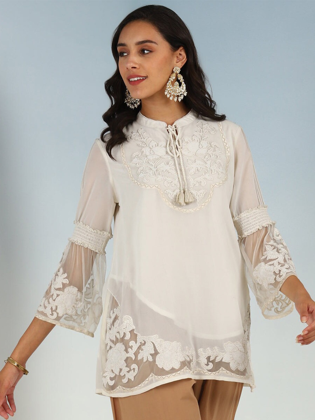 

Lakshita Ethnic Motifs Embroidered Lace Inserts Tunic, Off white