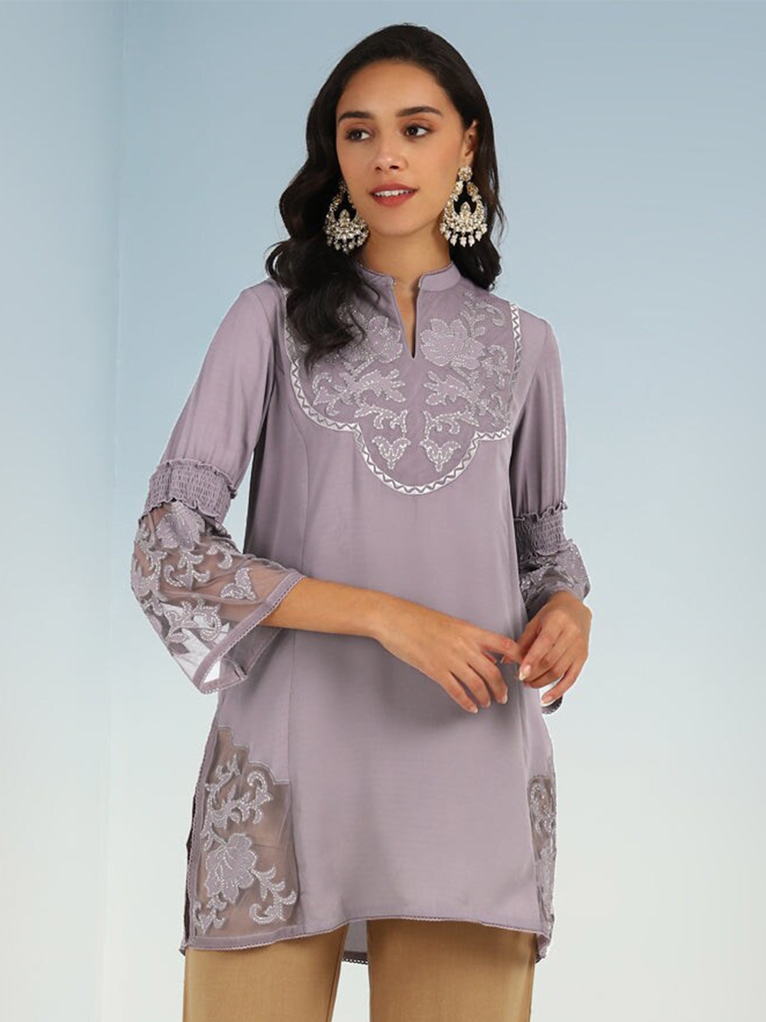 

Lakshita Mandarin Collar Embroidered Ethnic Tunic, Purple