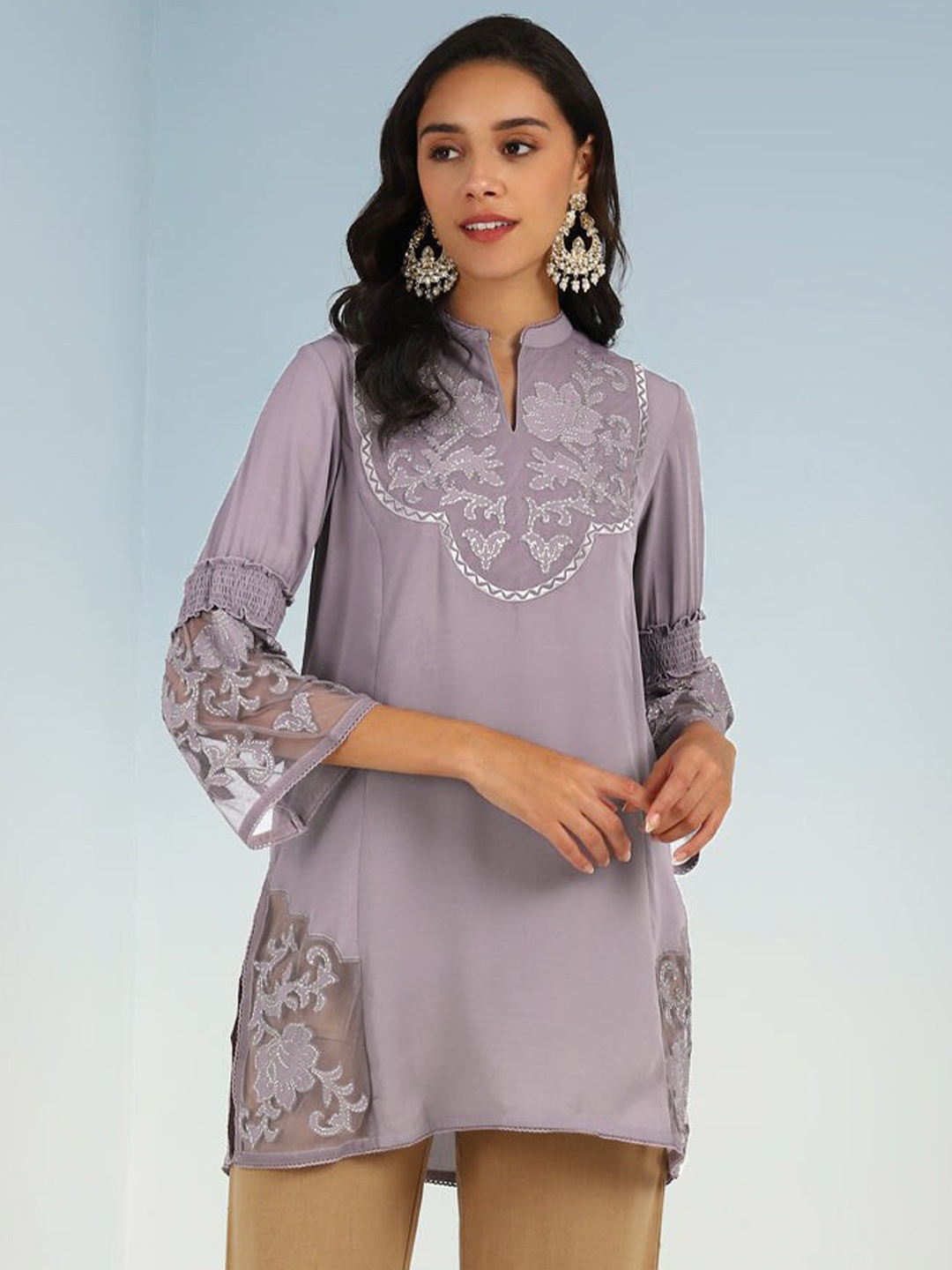 

Lakshita Floral Embroidered Lace Inserts Tunic, Purple