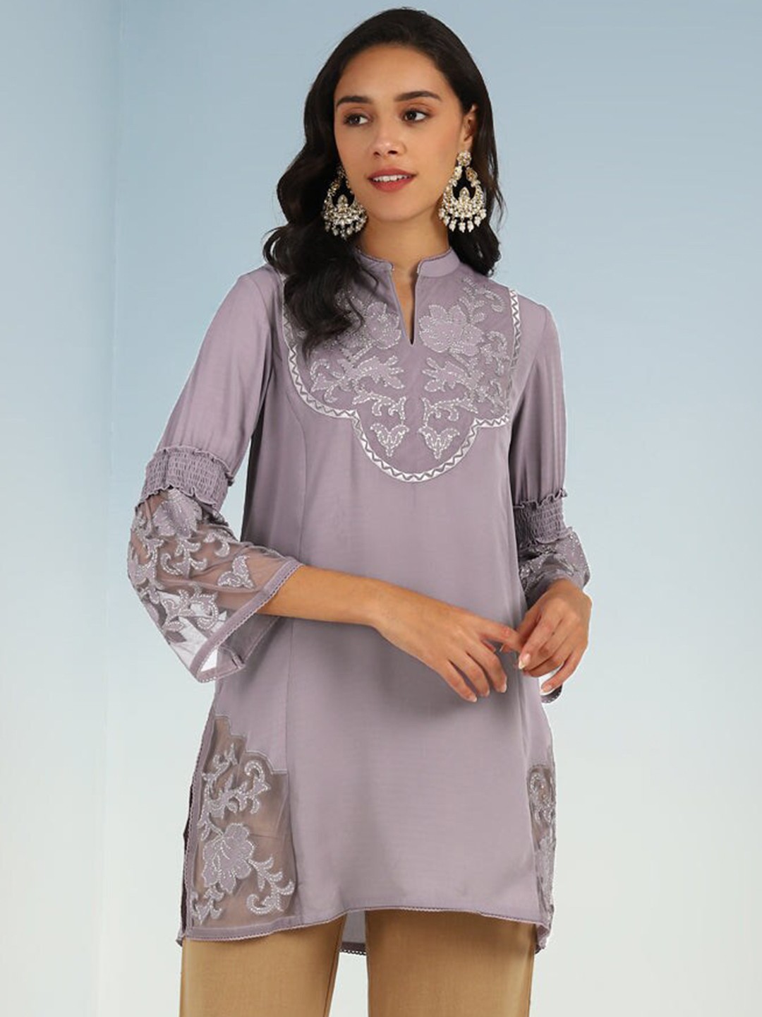 

Lakshita Floral Embroidered Lace Inserts Tunic, Purple