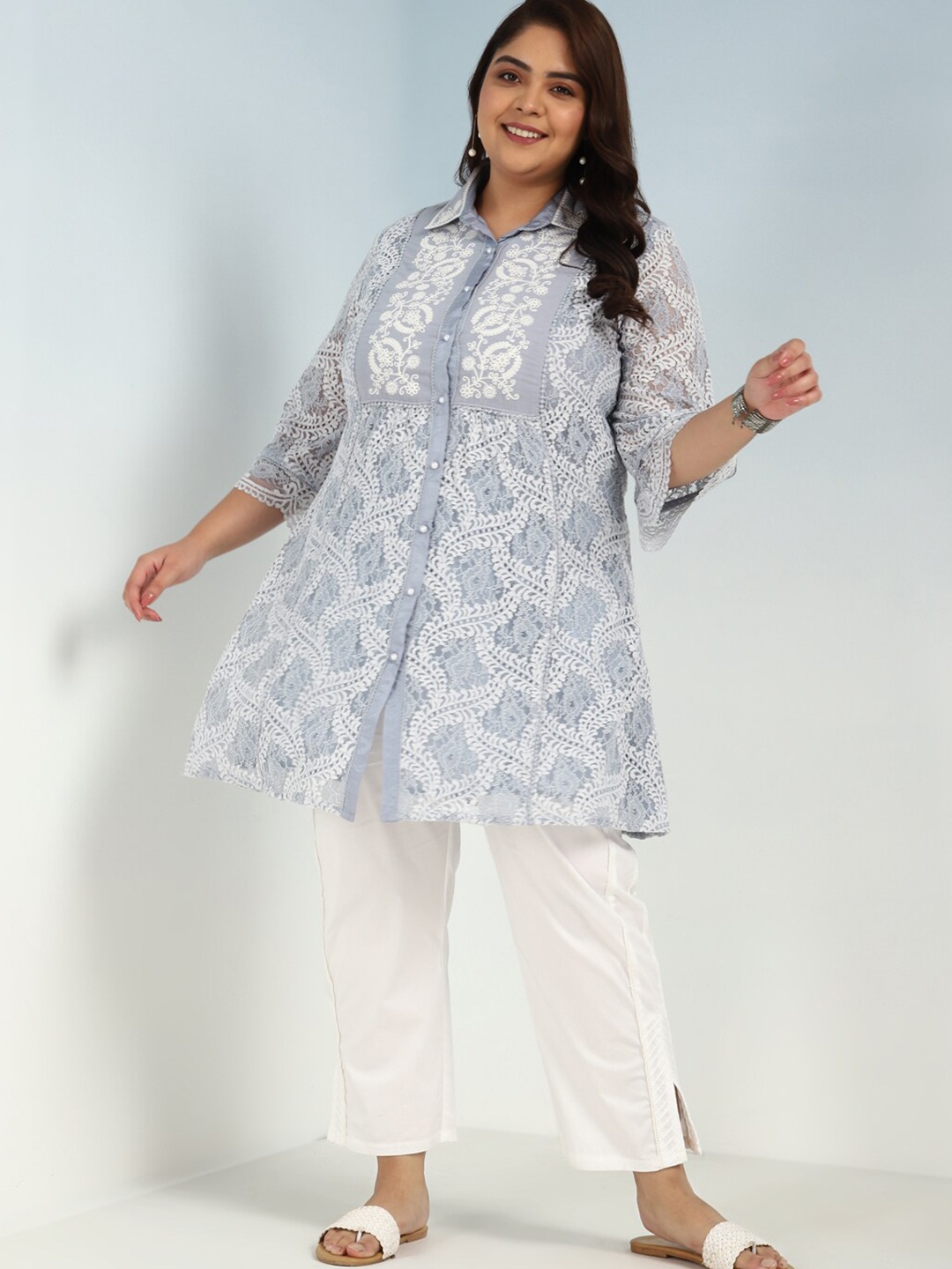 

Lakshita Plus Size Floral Lace Shirt Collar Tunic, Blue