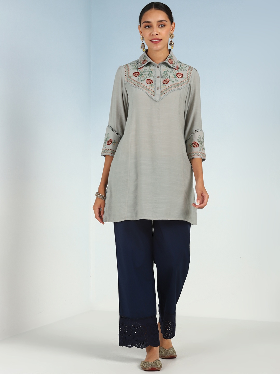 

Lakshita Floral Embroidered Yoke Shirt Collar Kurti, Green