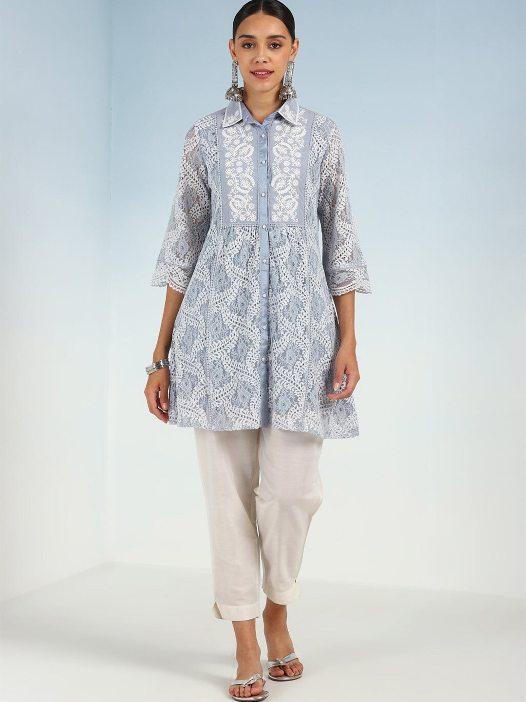 

Lakshita Floral Embroidered Cotton Tunic, Blue