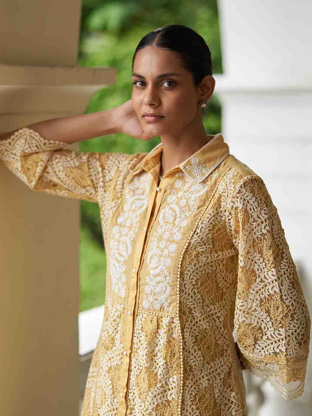 

Lakshita Shirt Collar Embroidered Tunic, Mustard