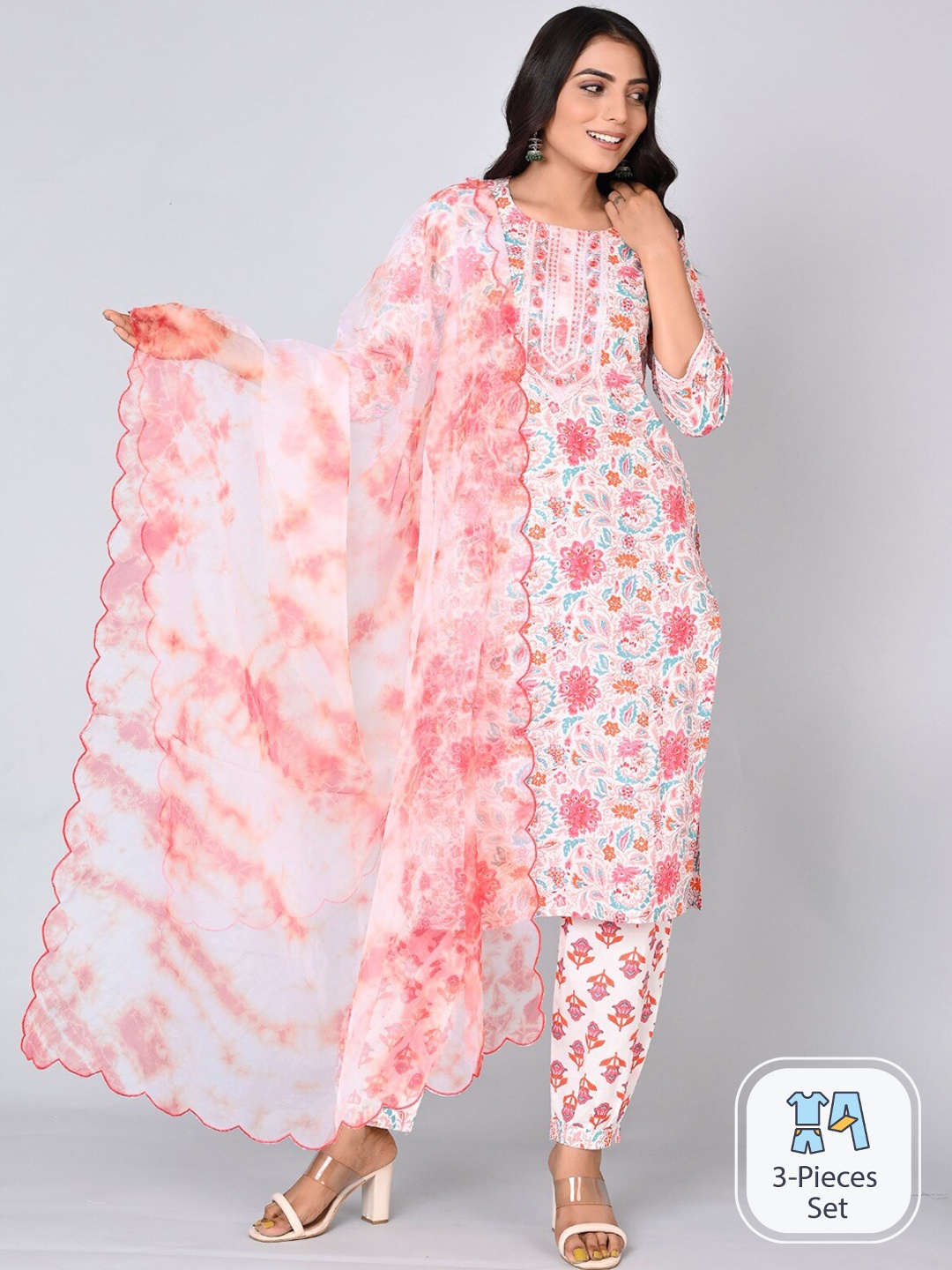 

MAUKA Floral Printed Pure Cotton Regular Kurta with Trousers & Dupatta, Pink