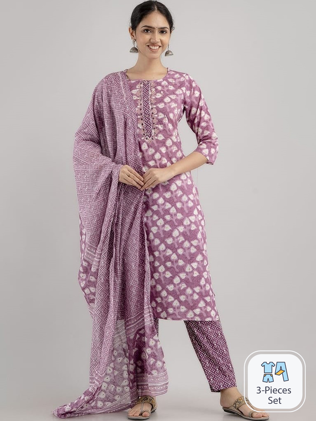 

MAUKA Tie & Dye Regular Pure Cotton Kurta with Harem Pants & Dupatta, Lavender
