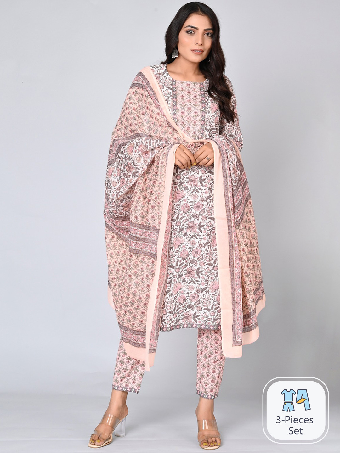 

MAUKA Floral Printed Pure Cotton Regular Kurta with Trousers & Dupatta, Beige