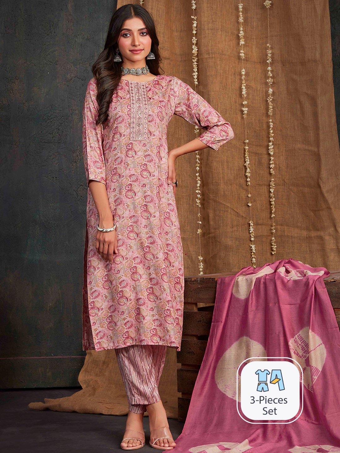 

Ishin Floral Printed Thread Work Kurta with Trousers & Dupatta, Pink