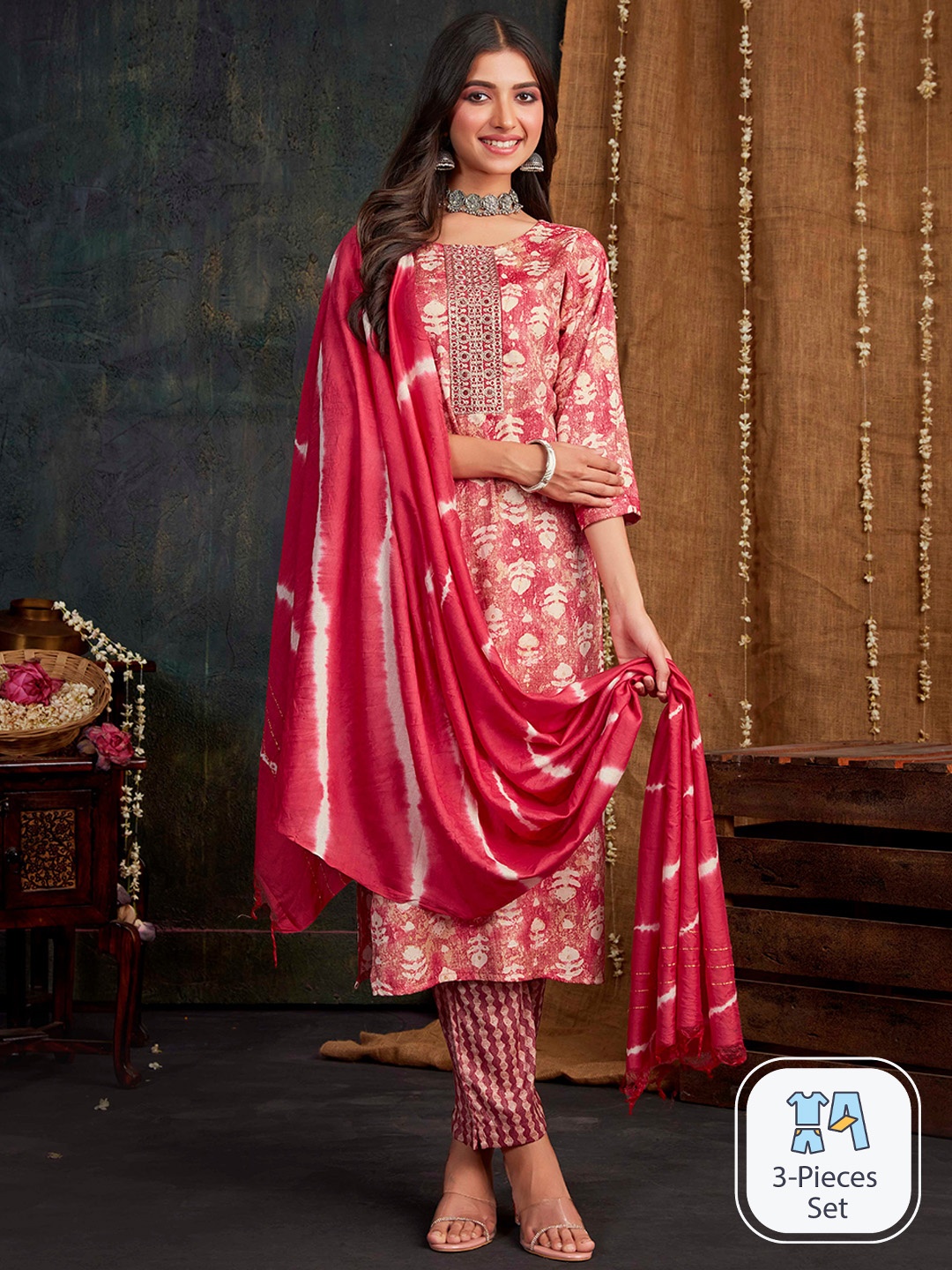 

Ishin Ethnic Motifs Printed Thread Work Kurta with Trousers & Dupatta, Pink