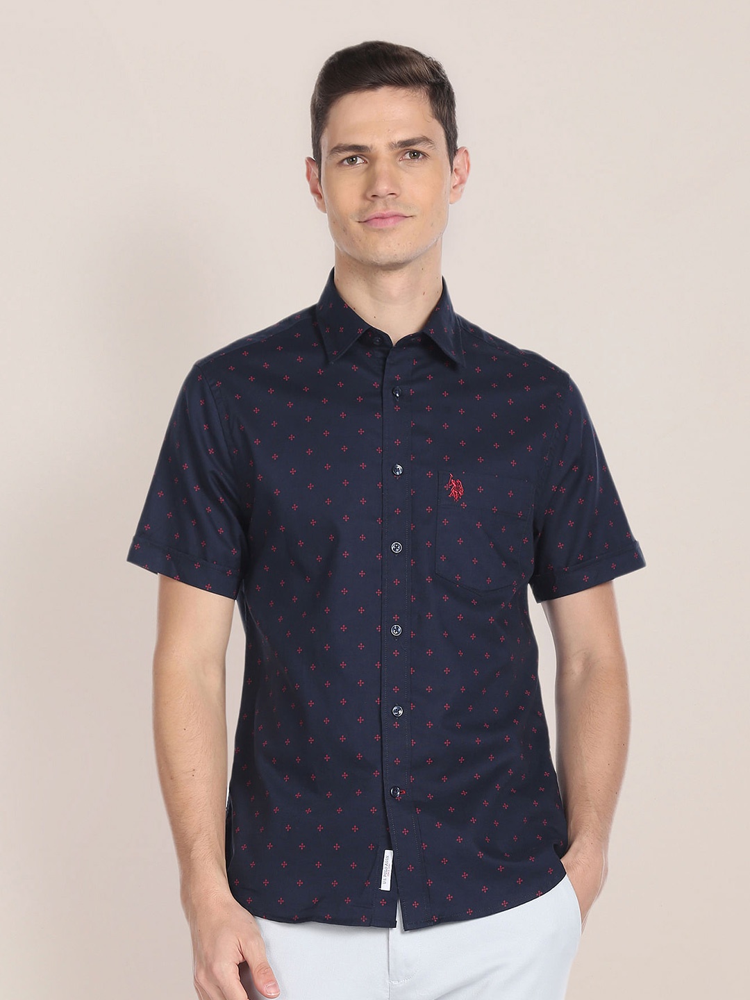 

U.S. Polo Assn. Slim Fit Geometric Printed Pure Cotton Casual Shirt, Navy blue