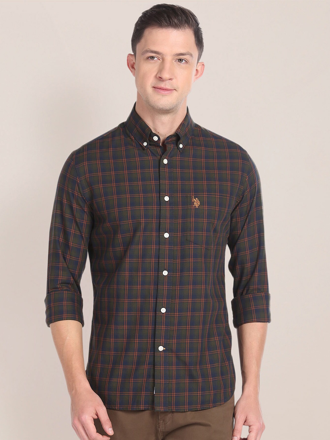 

U.S. Polo Assn. Tartan Checked Twill Pure Cotton Casual Shirt, Olive