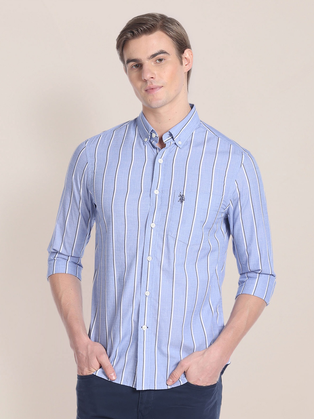 

U.S. Polo Assn. Vertical Striped Pure Cotton Casual Shirt, Blue