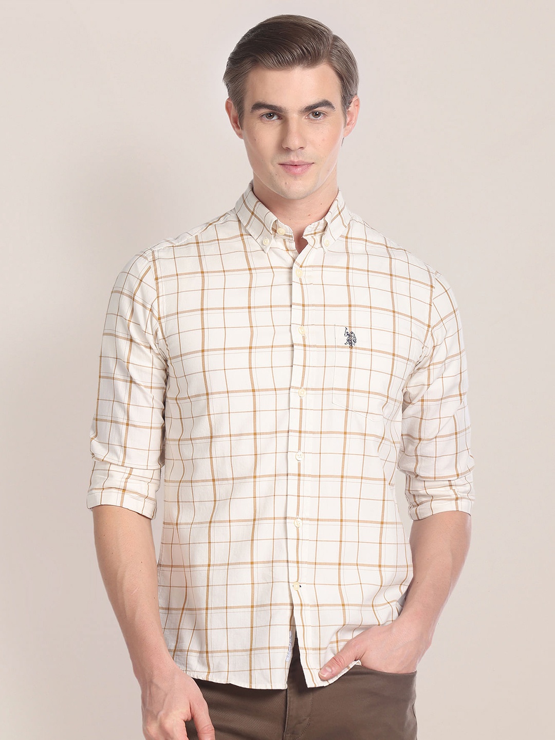

U.S. Polo Assn. Windowpane Checked Casual Pure Cotton Shirt, Beige