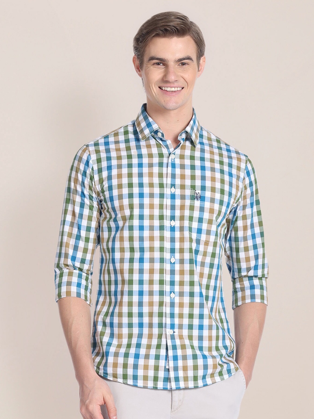 

U.S. Polo Assn. Gingham Checks Pure Cotton Casual Shirt, Green