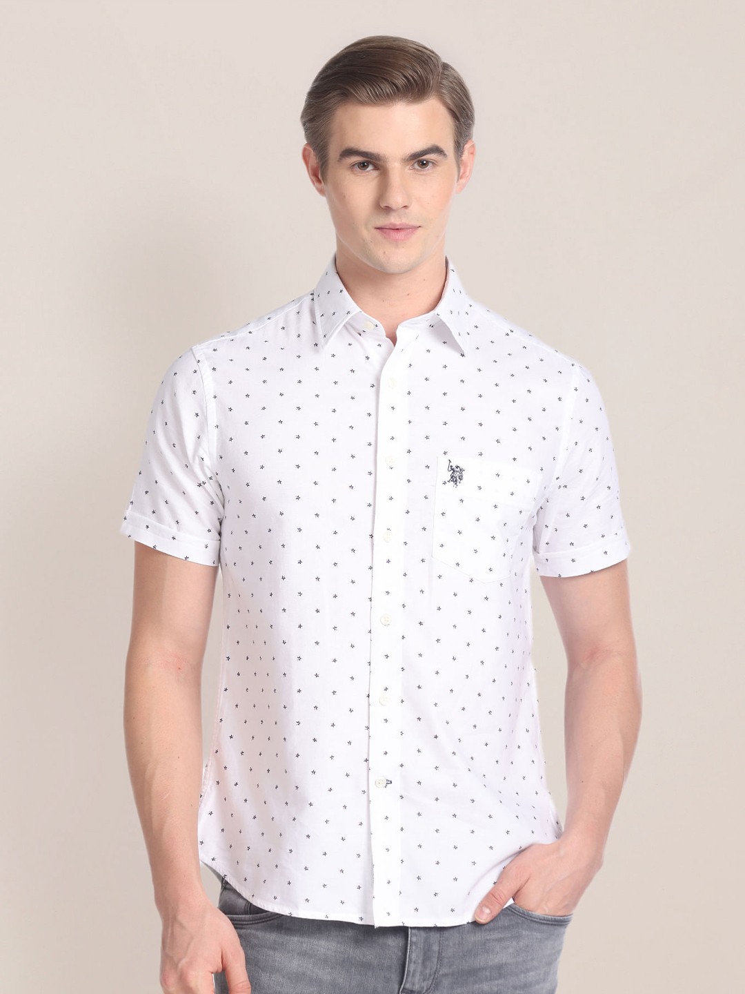 

U.S. Polo Assn. Geometric Printed Pure Cotton Casual Shirt, White