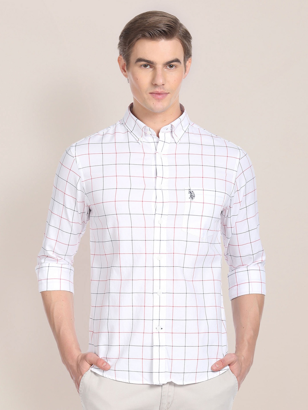 

U.S. Polo Assn. Windowpane Checked Button-Down Collar Pure Cotton Casual Shirt, White