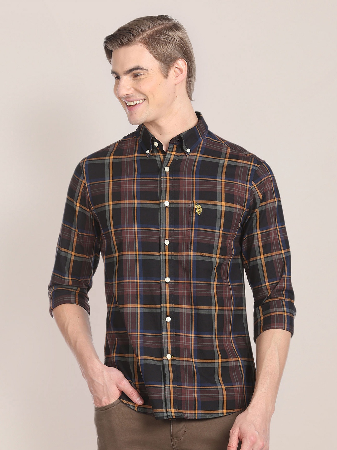 

U.S. Polo Assn. Button-Down Collar Tartan Checks Pure Cotton Casual Shirt, Brown