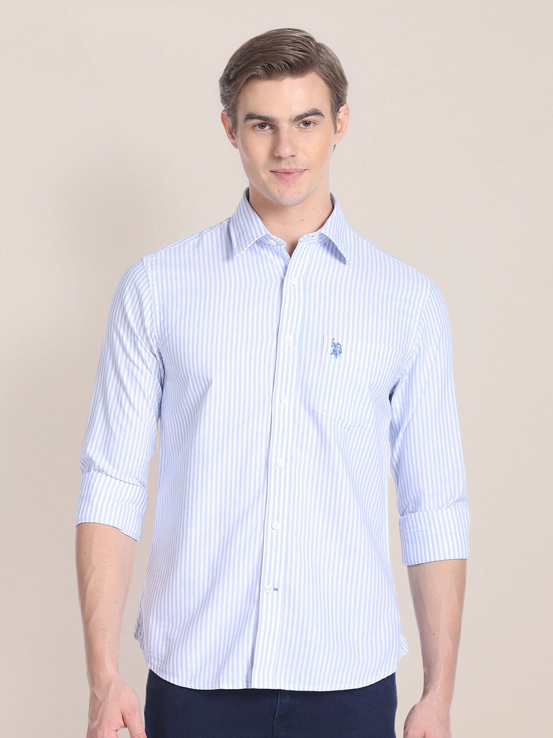 

U.S. Polo Assn. Vertical Striped Oxford Pure Cotton Casual Shirt, Blue