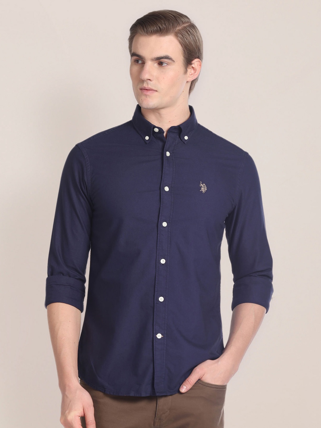 

U.S. Polo Assn. Button-Down Collar Dobby Pure Cotton Casual Shirt, Navy blue
