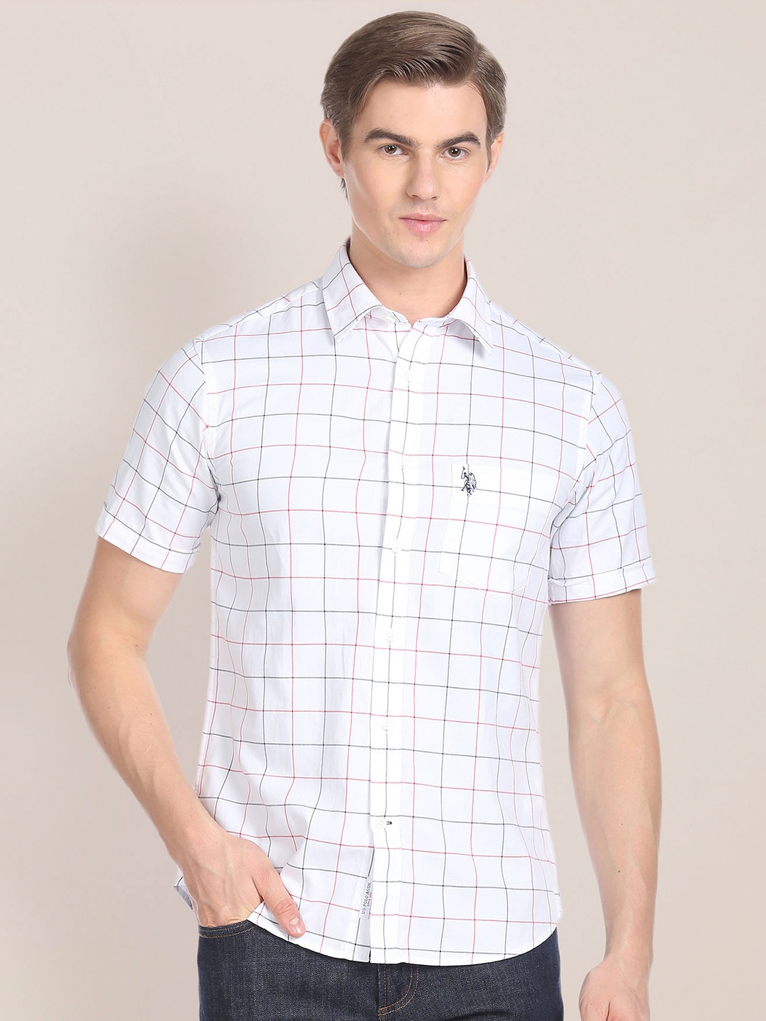 

U.S. Polo Assn. Windowpane Checked Pure Cotton Casual Shirt, White