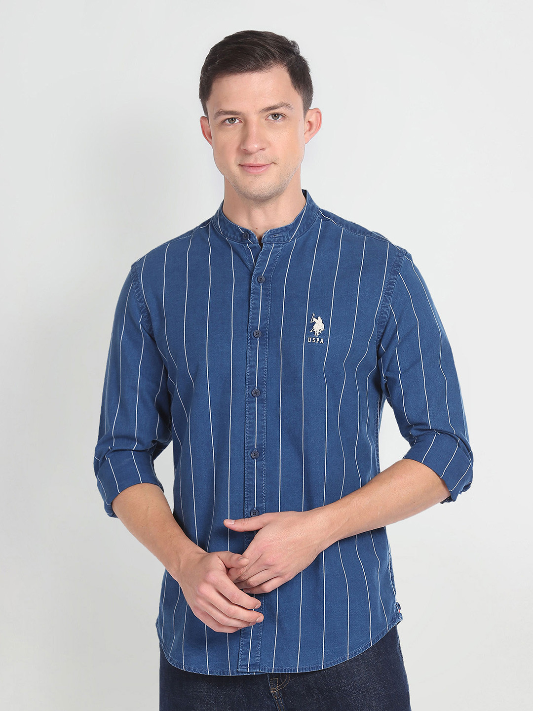 

U.S. Polo Assn. Denim Co. Vertical Striped Pure Cotton Slim Fit Casual Shirt, Blue