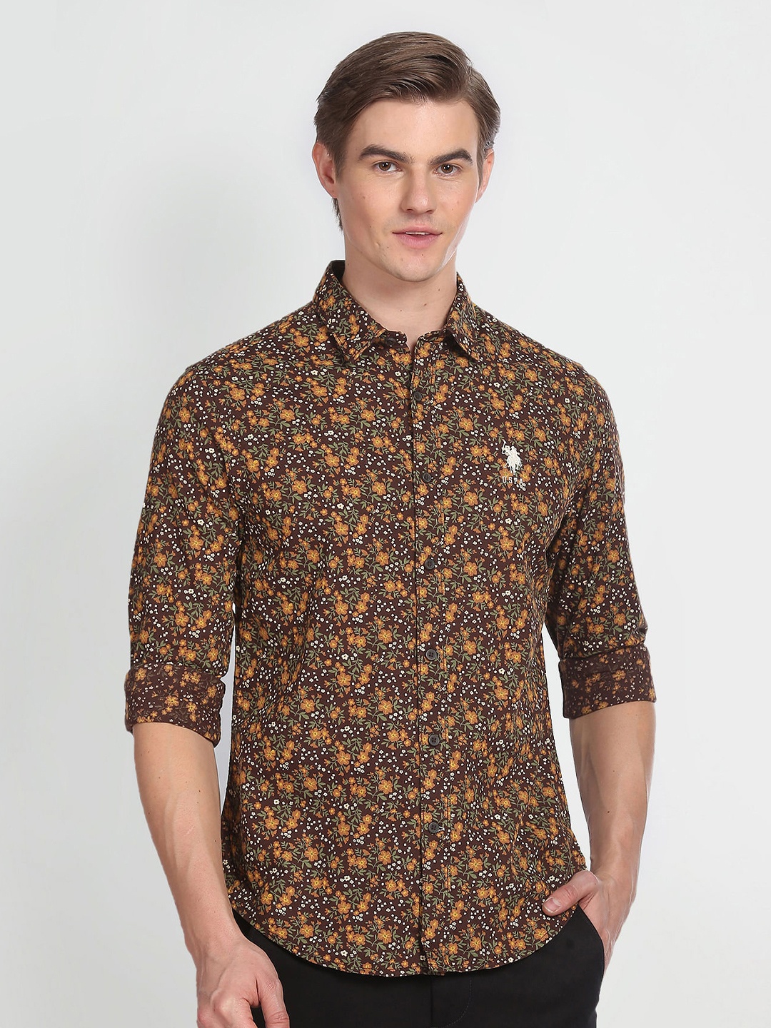 

U.S. Polo Assn. Denim Co. Slim Fit Floral Opaque Printed Cotton Casual Shirt, Brown