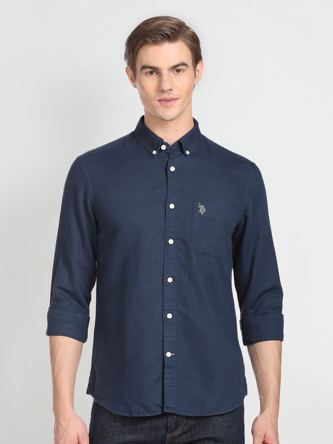 

U.S. Polo Assn. Denim Co. Button Down Collar Linen Cotton Casual Shirt, Navy blue