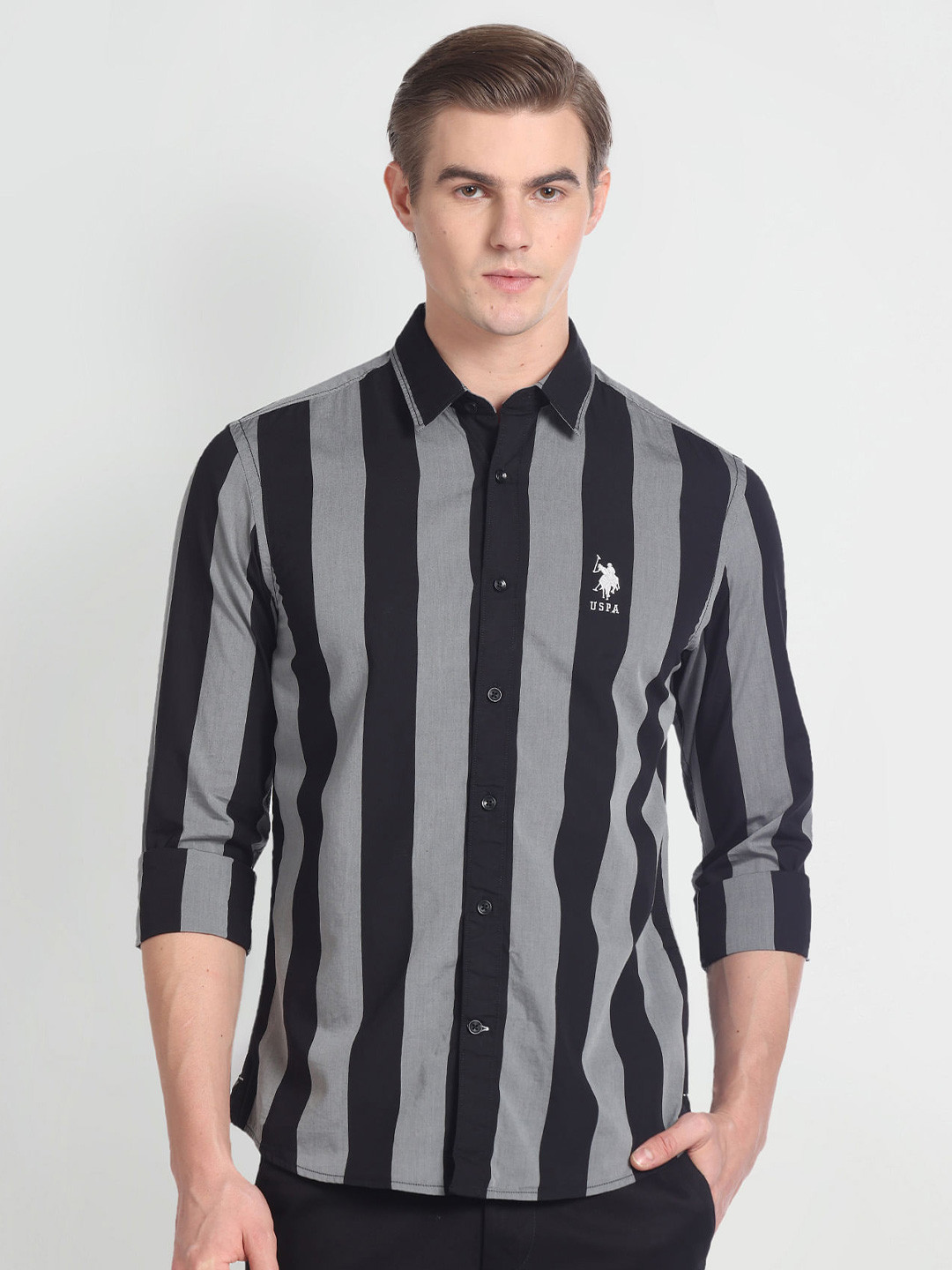 

U.S. Polo Assn. Denim Co. Slim Fit Vertical Striped Casual Pure Cotton Shirt, Black