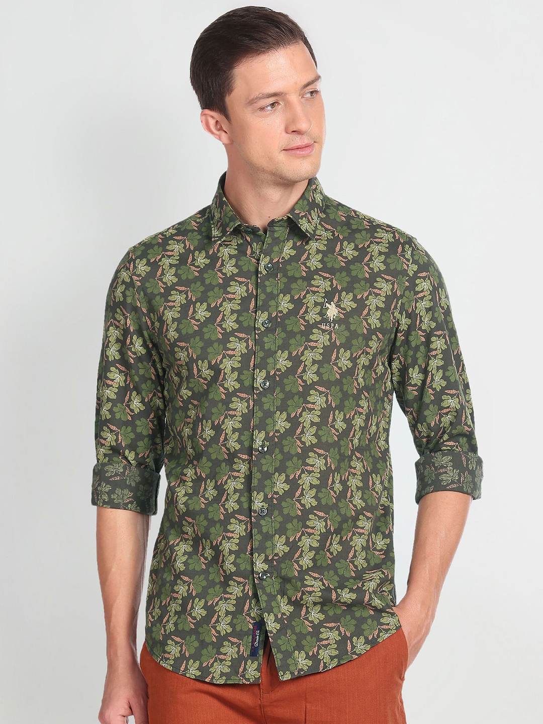 

U.S. Polo Assn. Denim Co. Floral Printed Slim Fit Pure Cotton Casual Shirt, Green