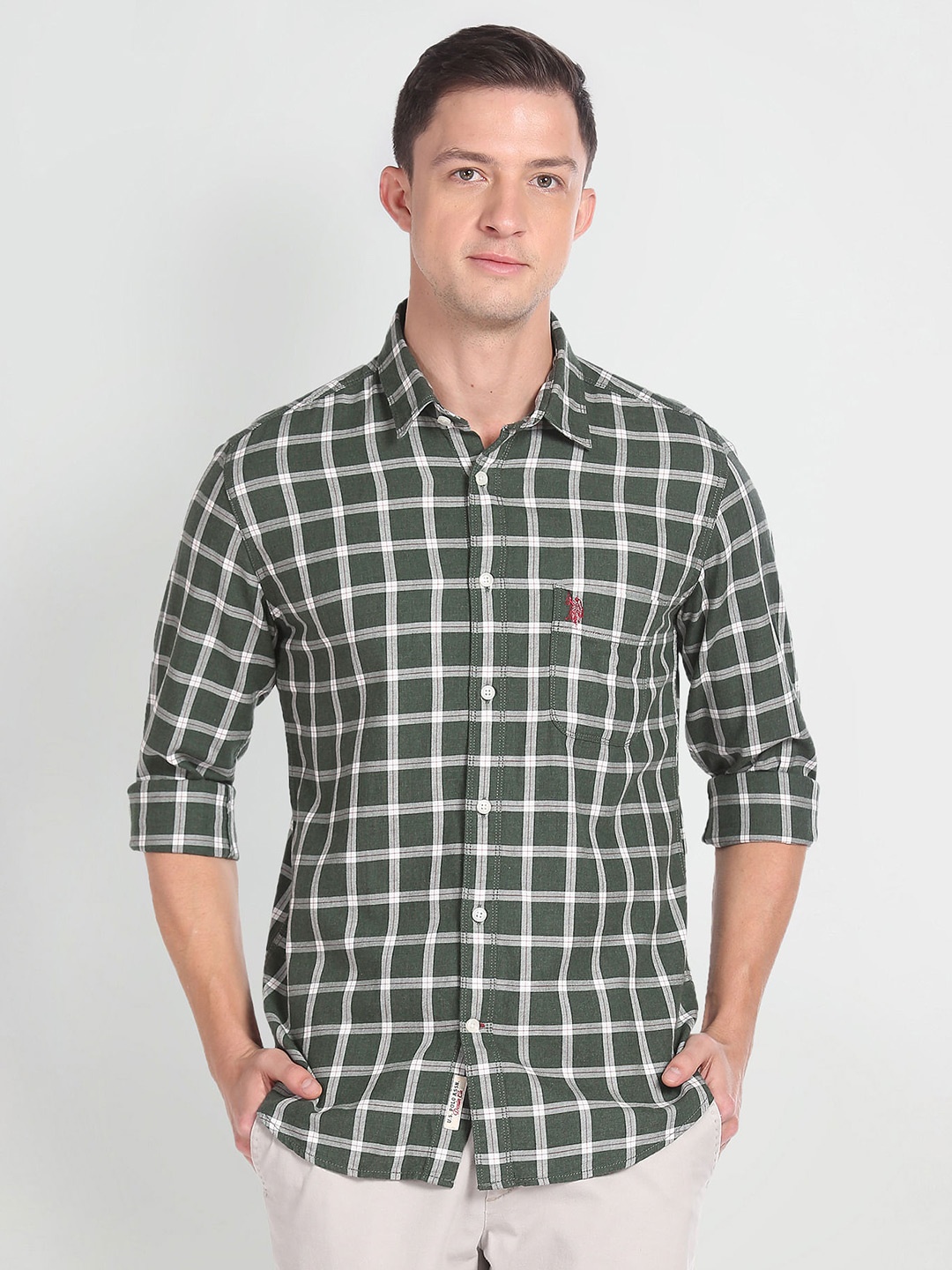 

U.S. Polo Assn. Denim Co. Slim Fit Windowpane Checked Casual Pure Cotton Shirt, Green