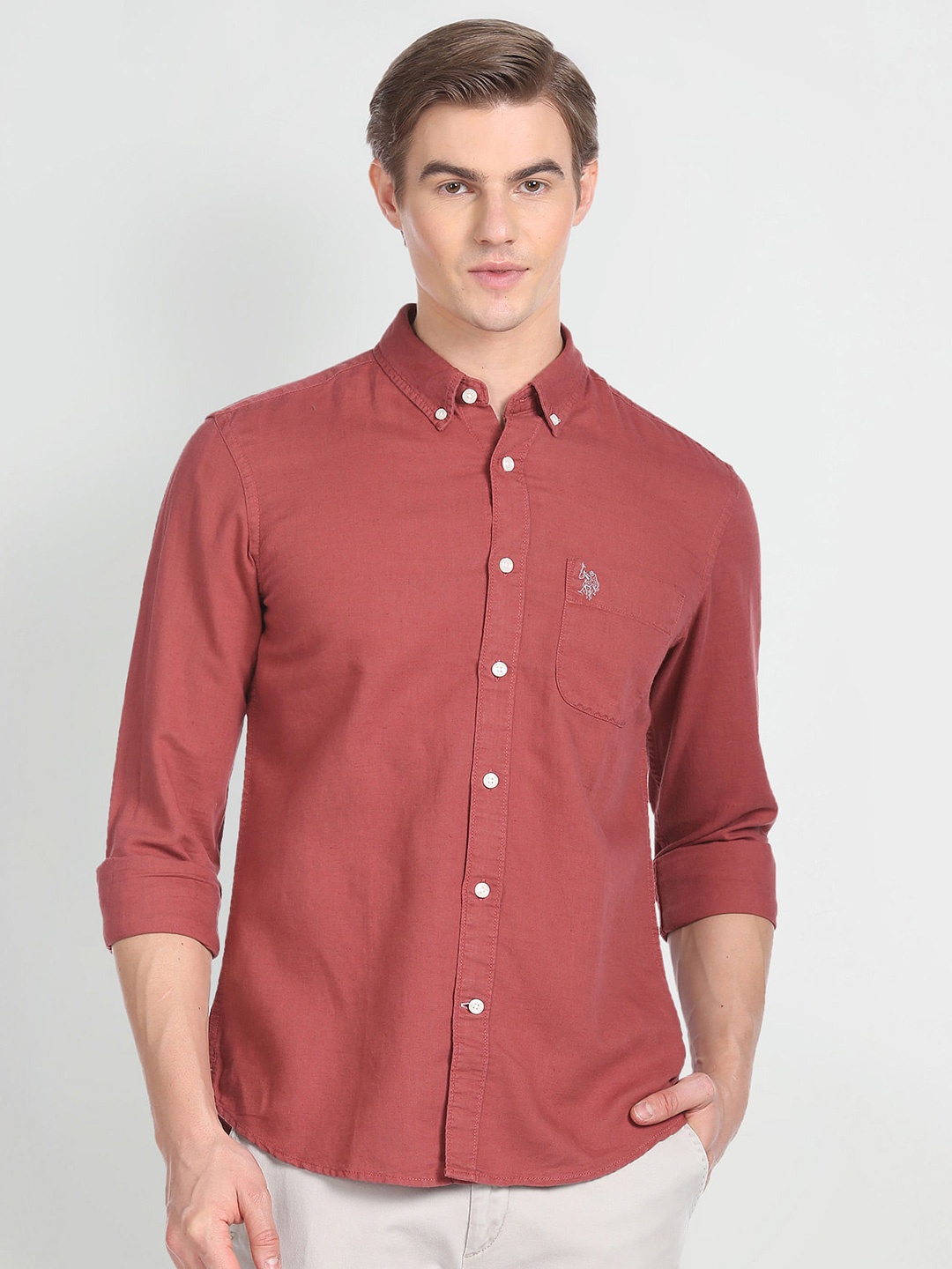 

U.S. Polo Assn. Denim Co. Opaque Linen Cotton Casual Shirt, Red