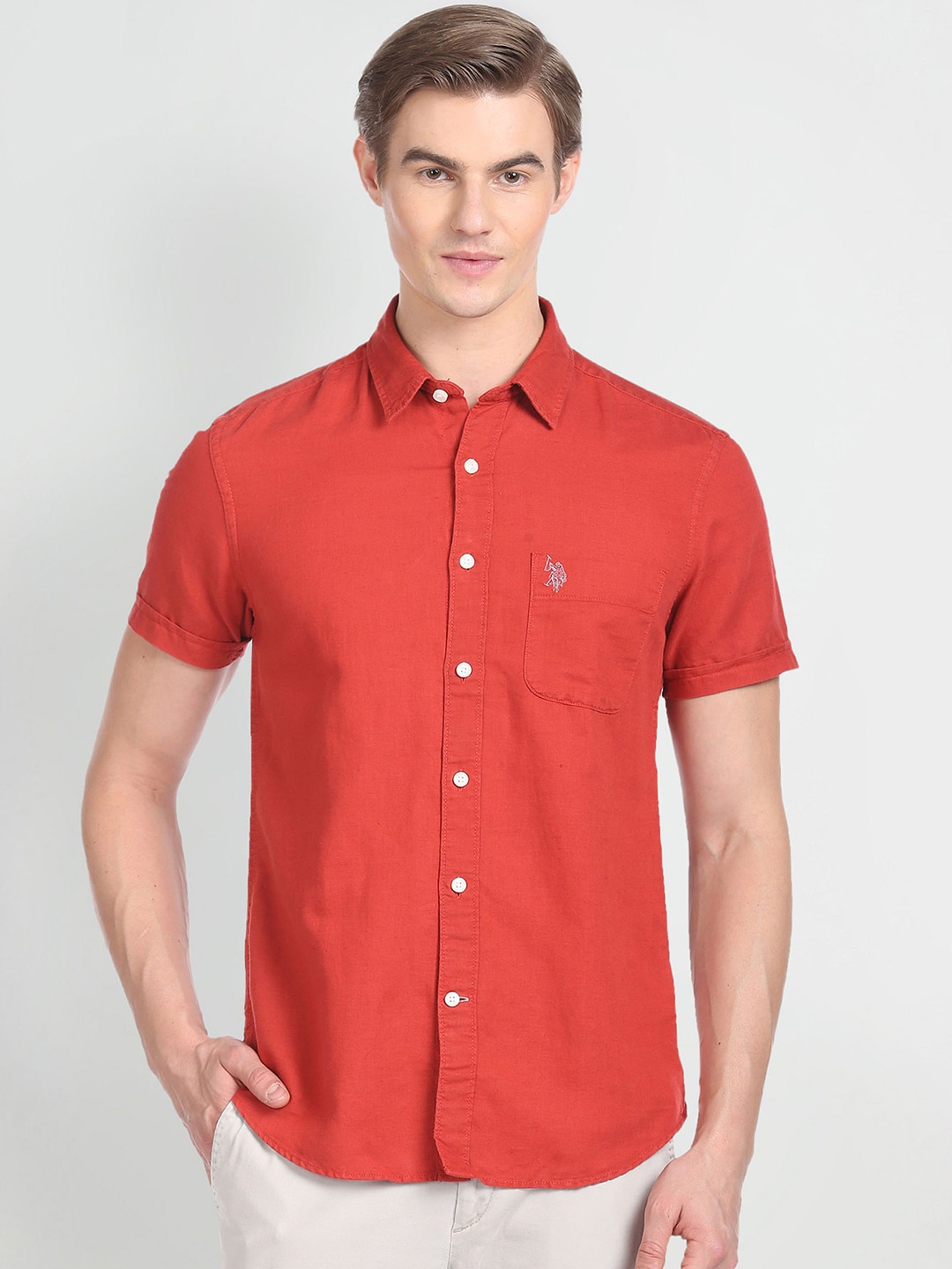 

U.S. Polo Assn. Denim Co. Spread Collar Linen Cotton Casual Shirt, Red