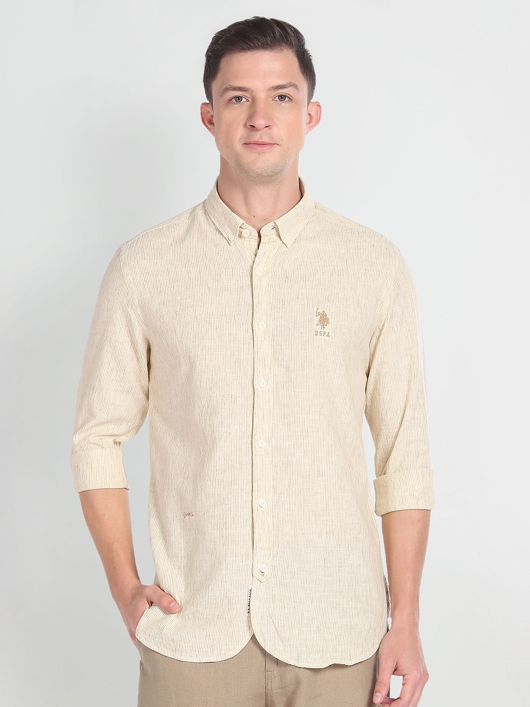 

U.S. Polo Assn. Denim Co. Vertical Striped Pure Cotton Slim Fit Casual Shirt, Beige