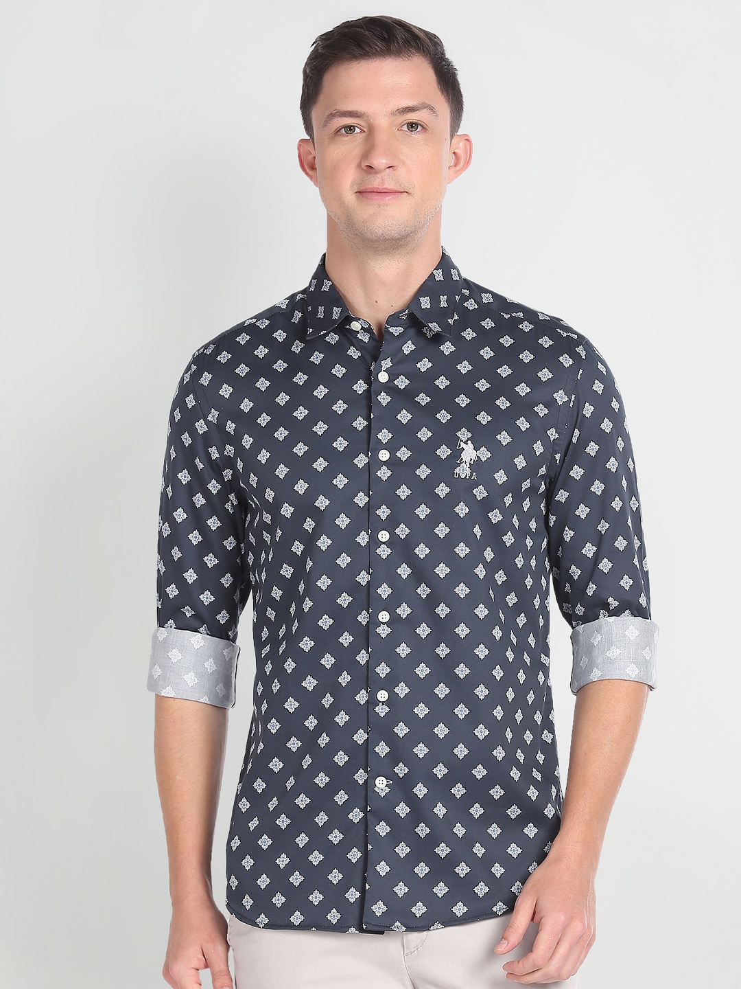 

U.S. Polo Assn. Denim Co. Slim Fit Geometric Printed Pure Cotton Casual Shirt, Blue