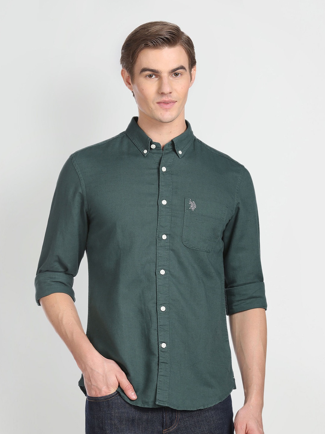 

U.S. Polo Assn. Denim Co. Opaque Cotton Linen Casual Shirt, Green