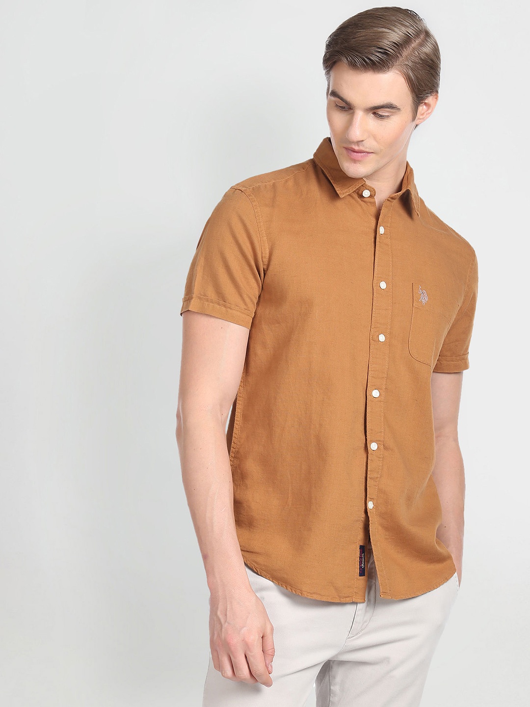 

U.S. Polo Assn. Denim Co. Spread Collar Linen Cotton Casual Shirt, Brown