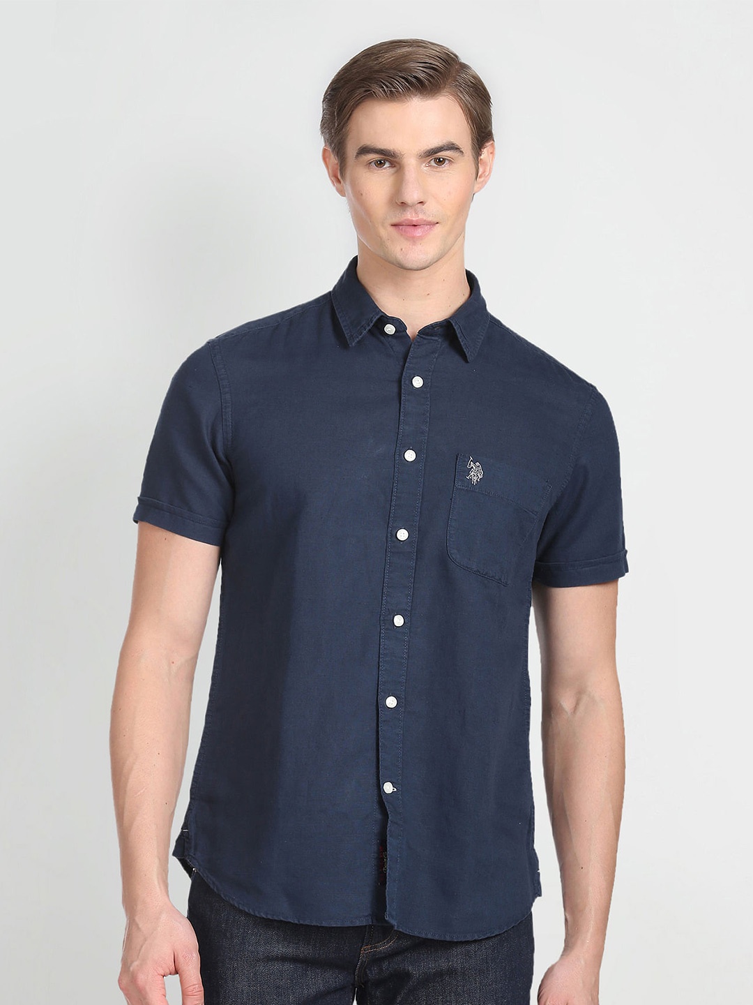 

U.S. Polo Assn. Denim Co. Spread Collar Linen Cotton Casual Shirt, Navy blue