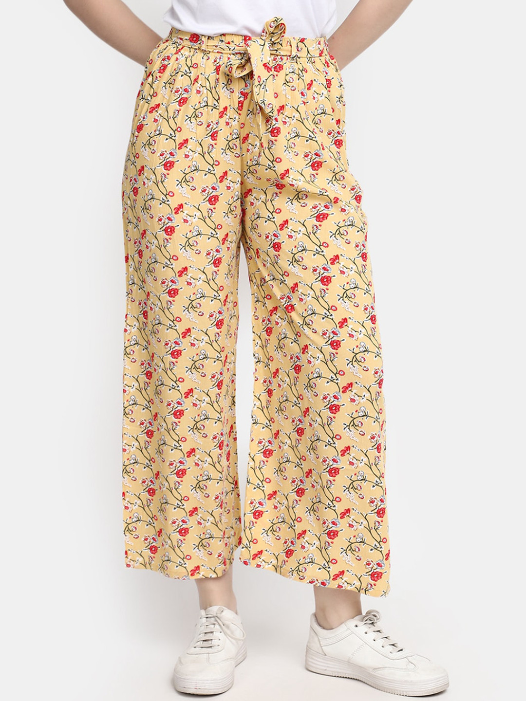 

V-Mart Women Mid-Rise Floral Printed Cotton Parallel Trousers, Yellow
