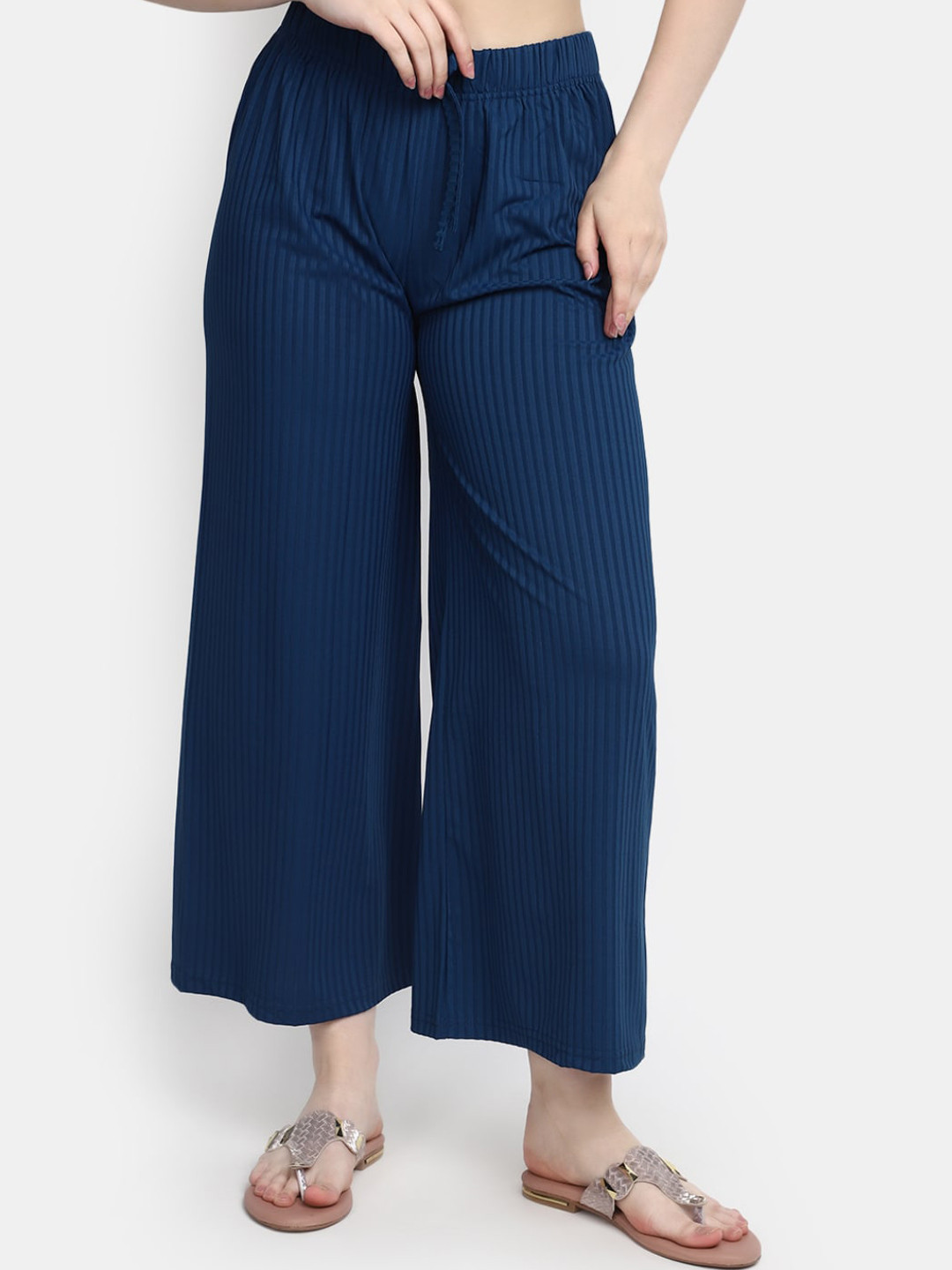 

V-Mart Women Self Design Textured Ribbed Parallel Trousers, Blue