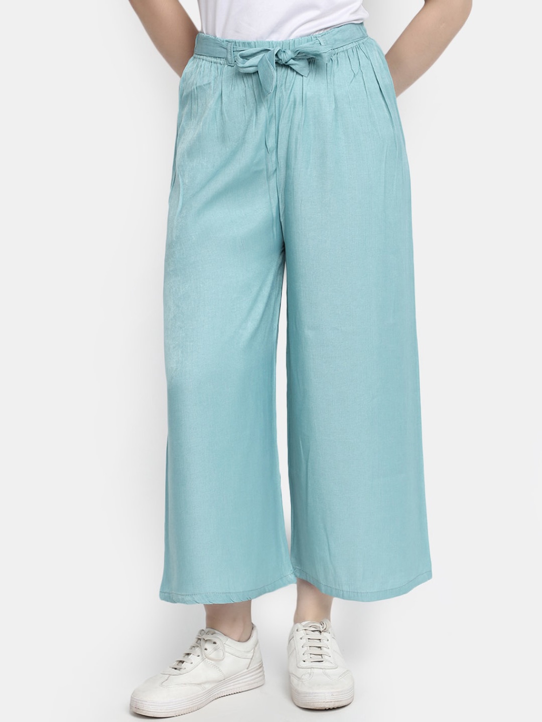 

V-Mart Women Mid-Rise Pleated Cotton Parallel Trousers, Green